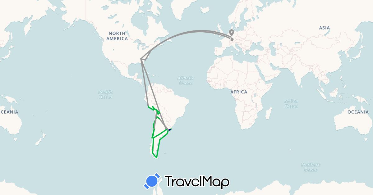 TravelMap itinerary: driving, bus, plane, cycling, hiking, boat in Argentina, Bolivia, Chile, Germany, Peru, United States, Uruguay (Europe, North America, South America)